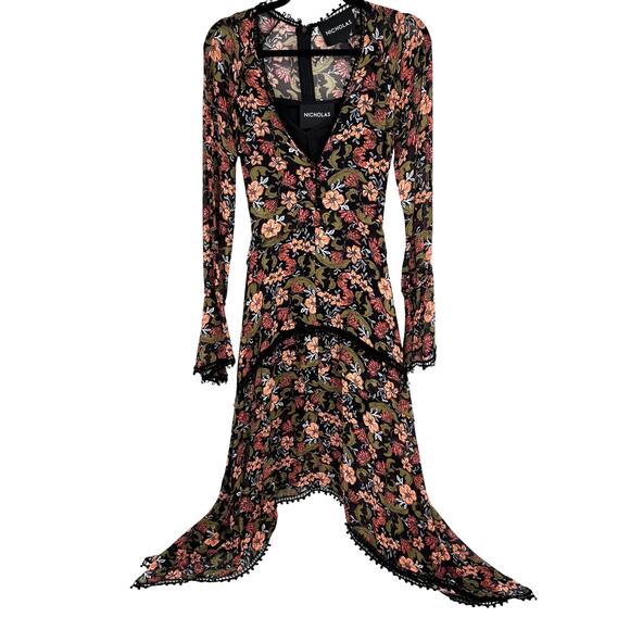 Nicholas V Neck Long Sleeve Sheer Midi Dress Hankerchief Hem Sexy Size 0 - Picture 2 of 8